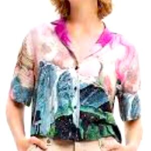 Desigual Cropped Linen Button Down Top Medium Hummingbird Relaxed Fit Resort